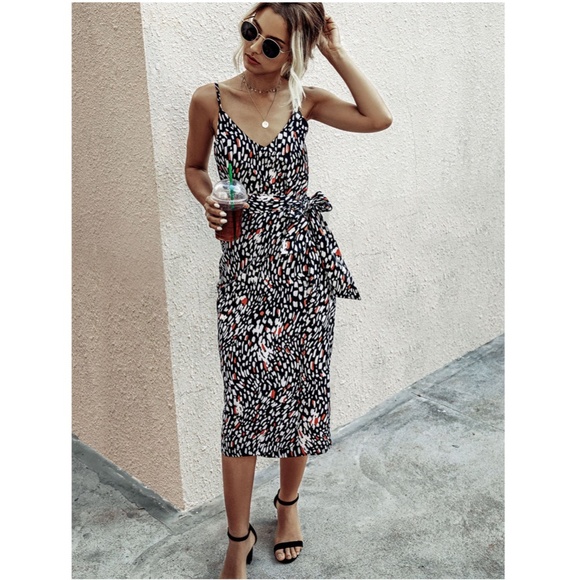 Printed V-Neck Cami Tie Belt Midi Dress - Picture 2 of 12